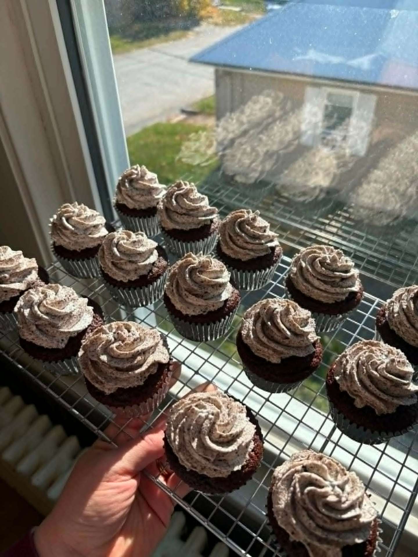 Chocolate cupcakes with cookies and cream swirl frosting