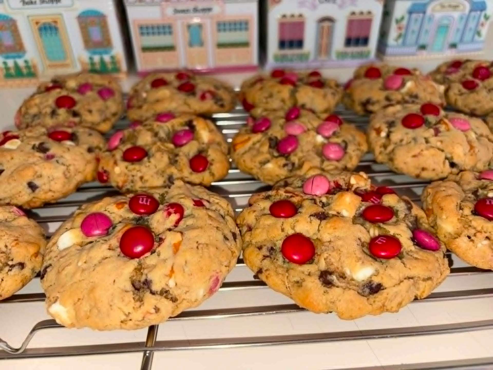 Valentine's M&M cookies cooling on a wire rack
